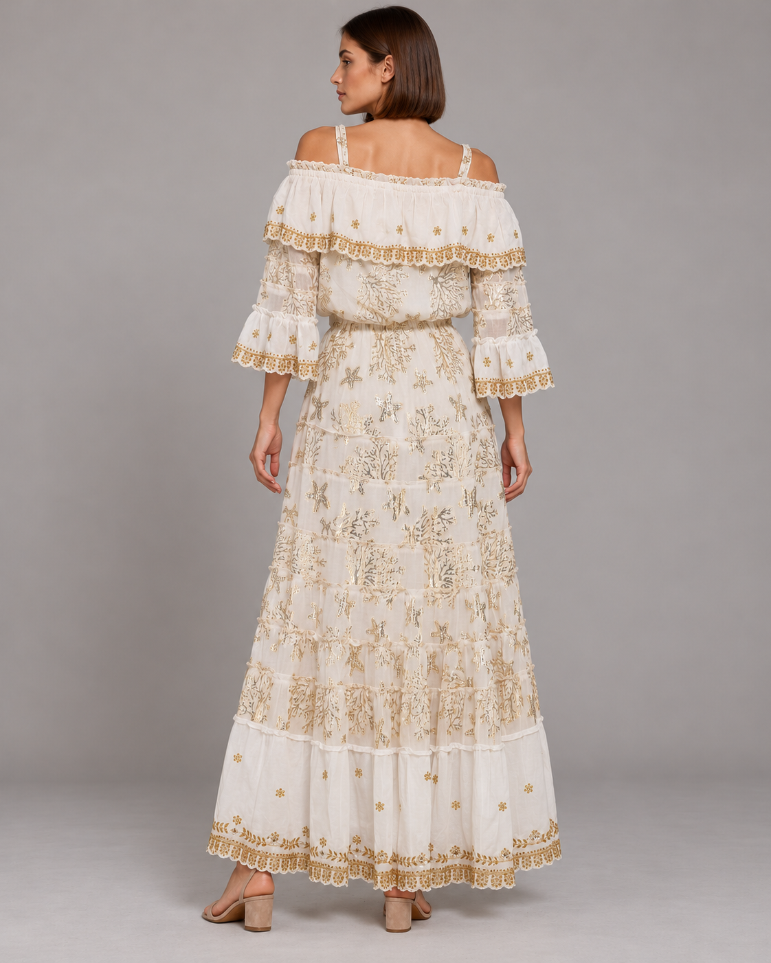 Lurex Skirt Blouse Set with Off-Shoulder Ruffles & Metallic Embroidery | ibBan