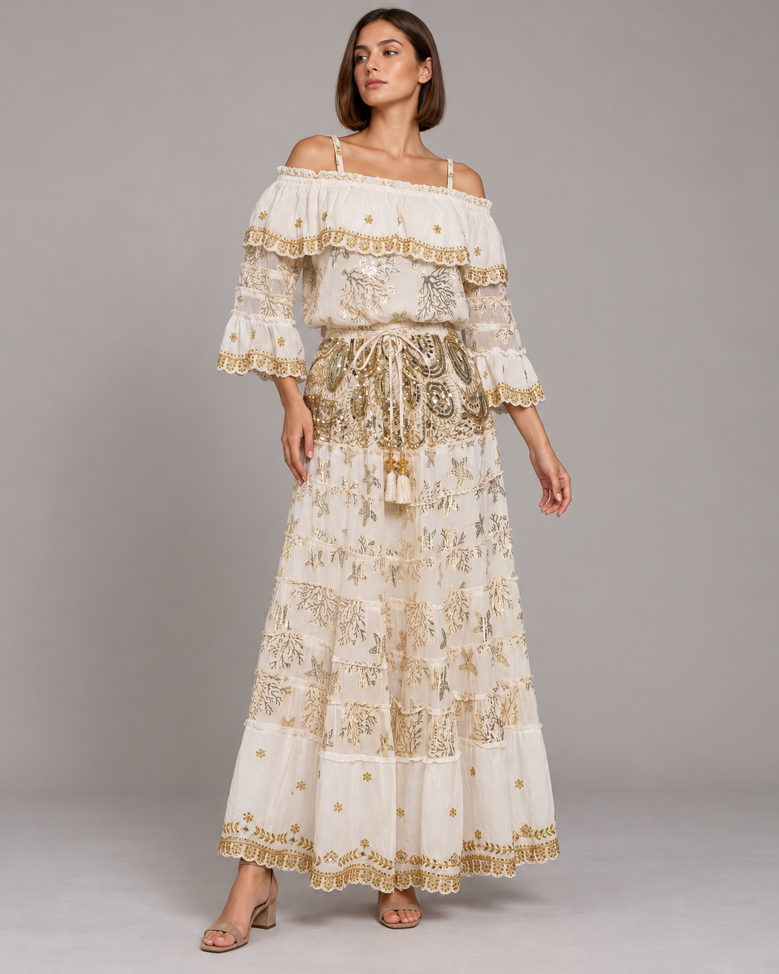 Lurex Skirt Blouse Set with Off-Shoulder Ruffles & Metallic Embroidery | ibBan