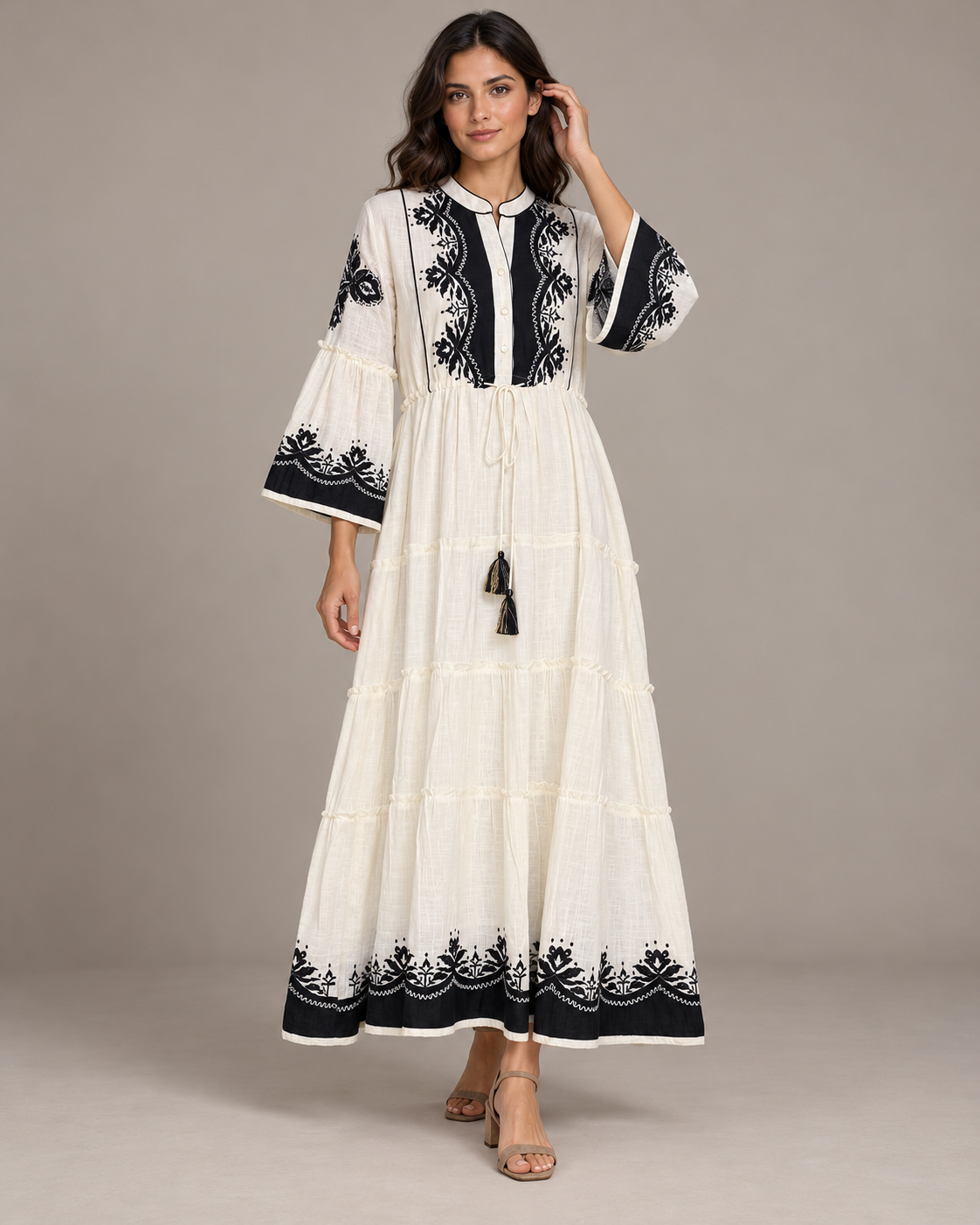Anum Ivory Embroidered Long Tunic with Bell Sleeves | ibBan