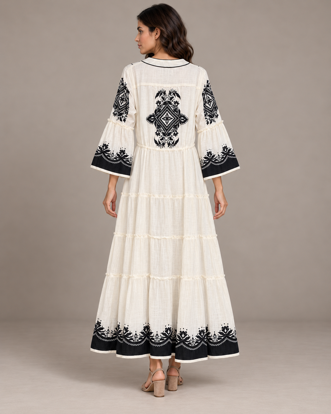 Anum Ivory Embroidered Long Tunic with Bell Sleeves | ibBan