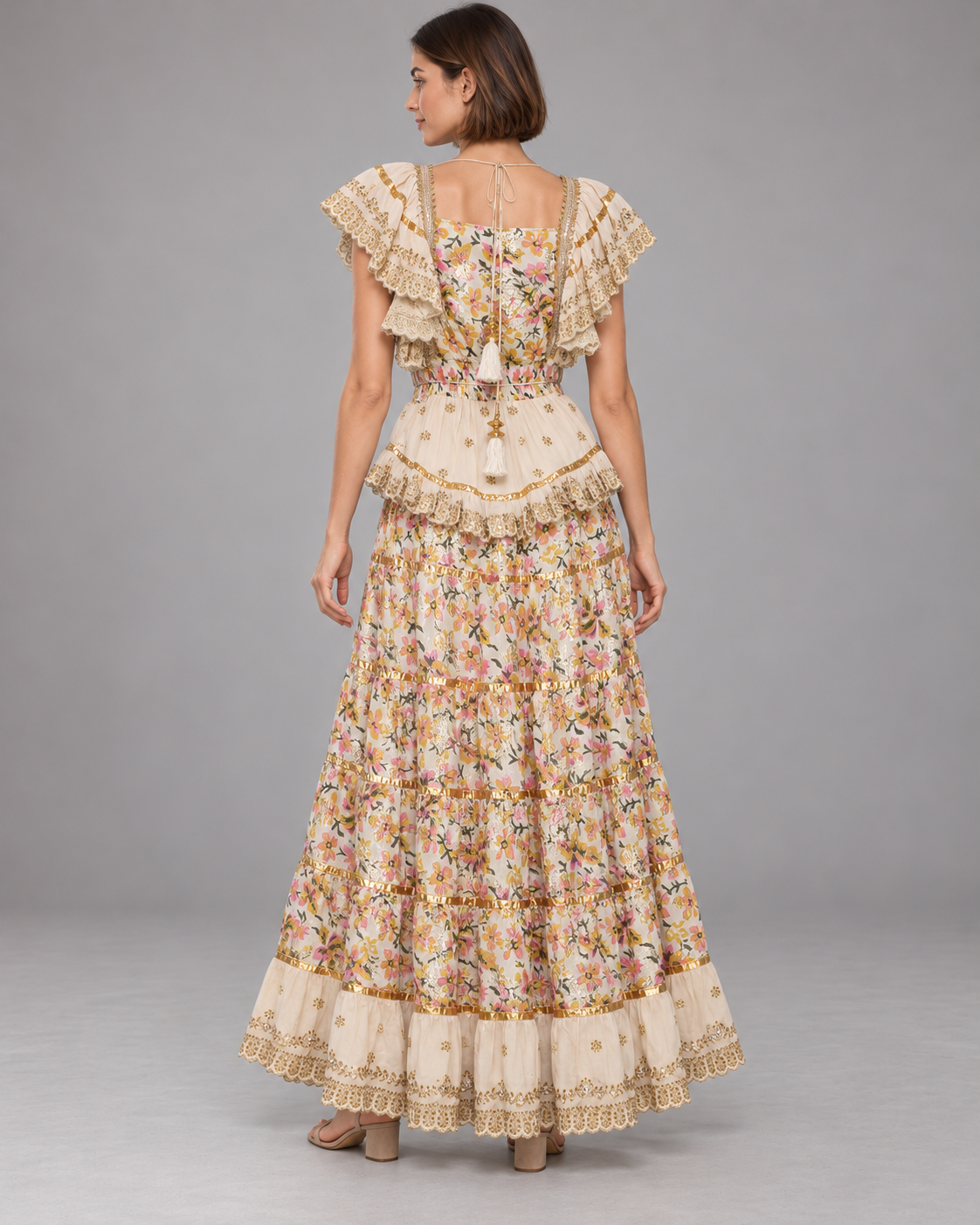Gulab Floral Skirt Blouse Set with Ruffles & High-Low Hem | ibBan