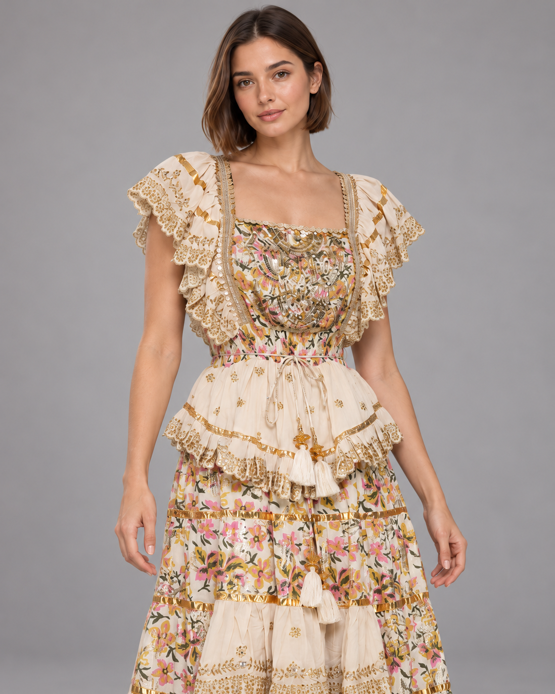 Gulab Floral Skirt Blouse Set with Ruffles & High-Low Hem | ibBan