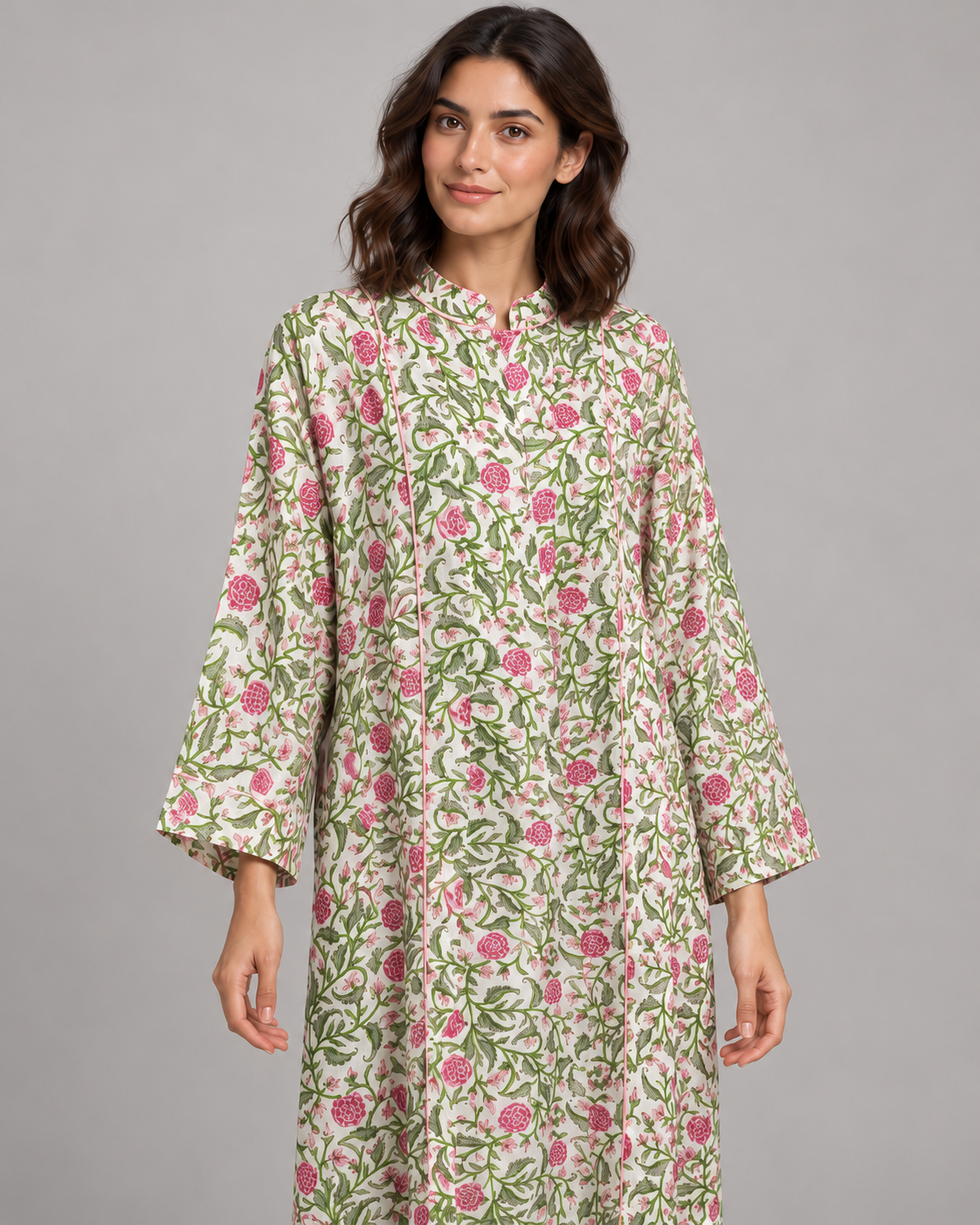 Ivory Floral Maxi Kaftan with Pink Striped Belt | ibBan
