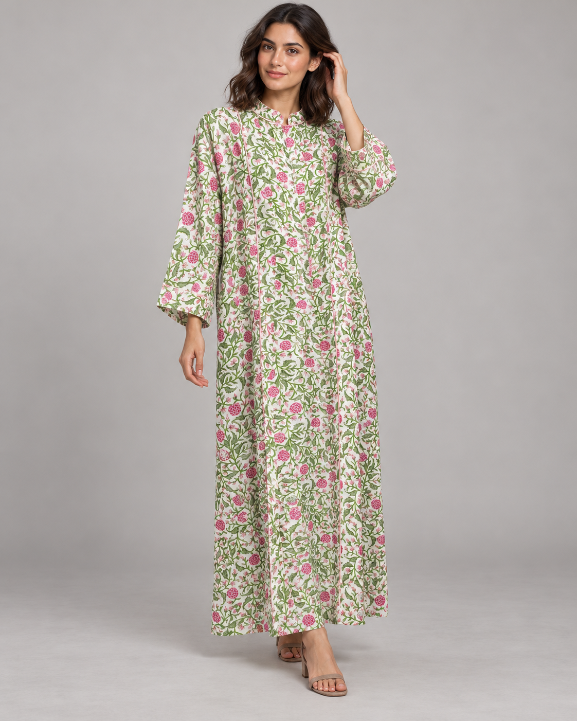 Ivory Floral Maxi Kaftan with Pink Striped Belt | ibBan