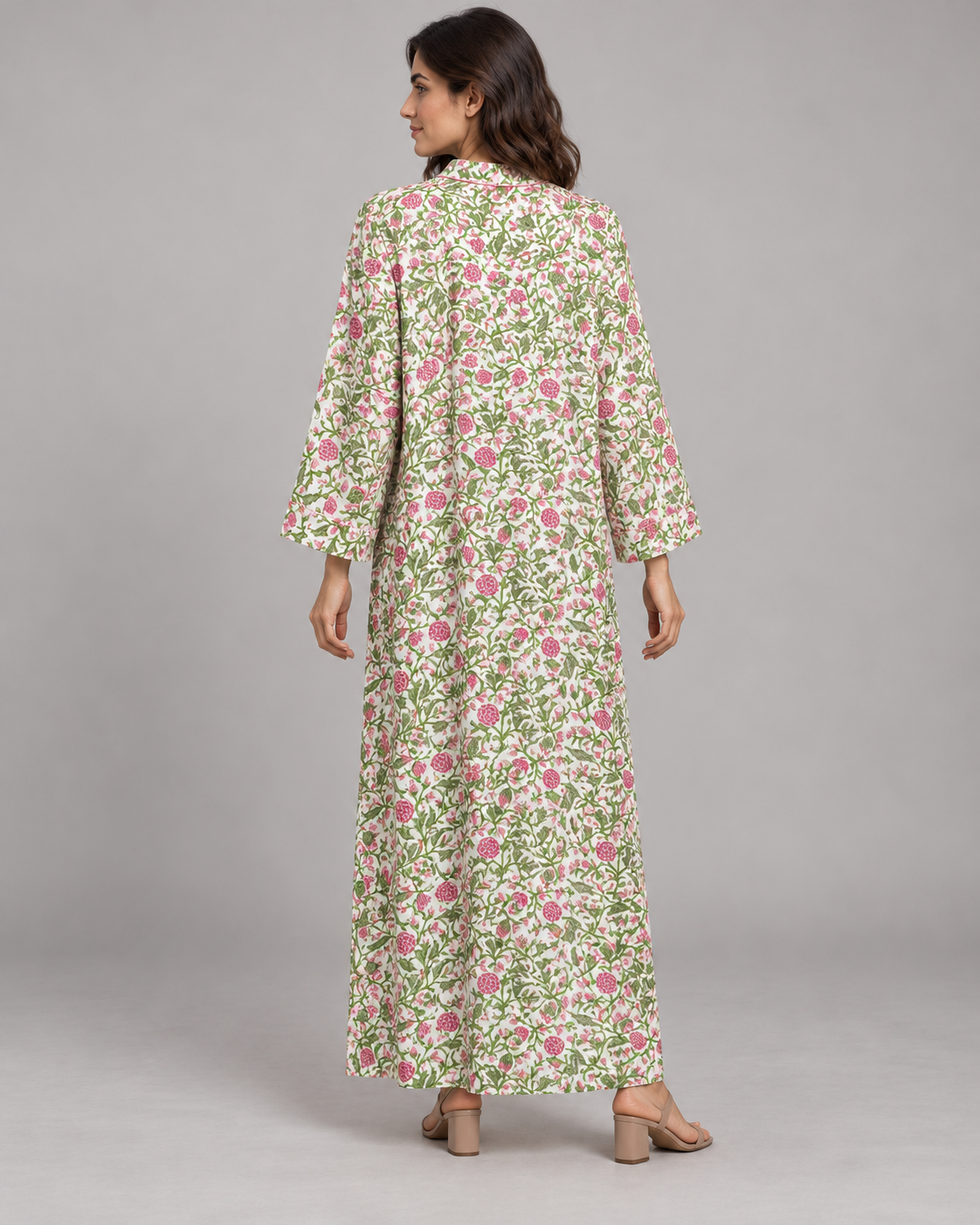 Ivory Floral Maxi Kaftan with Pink Striped Belt | ibBan