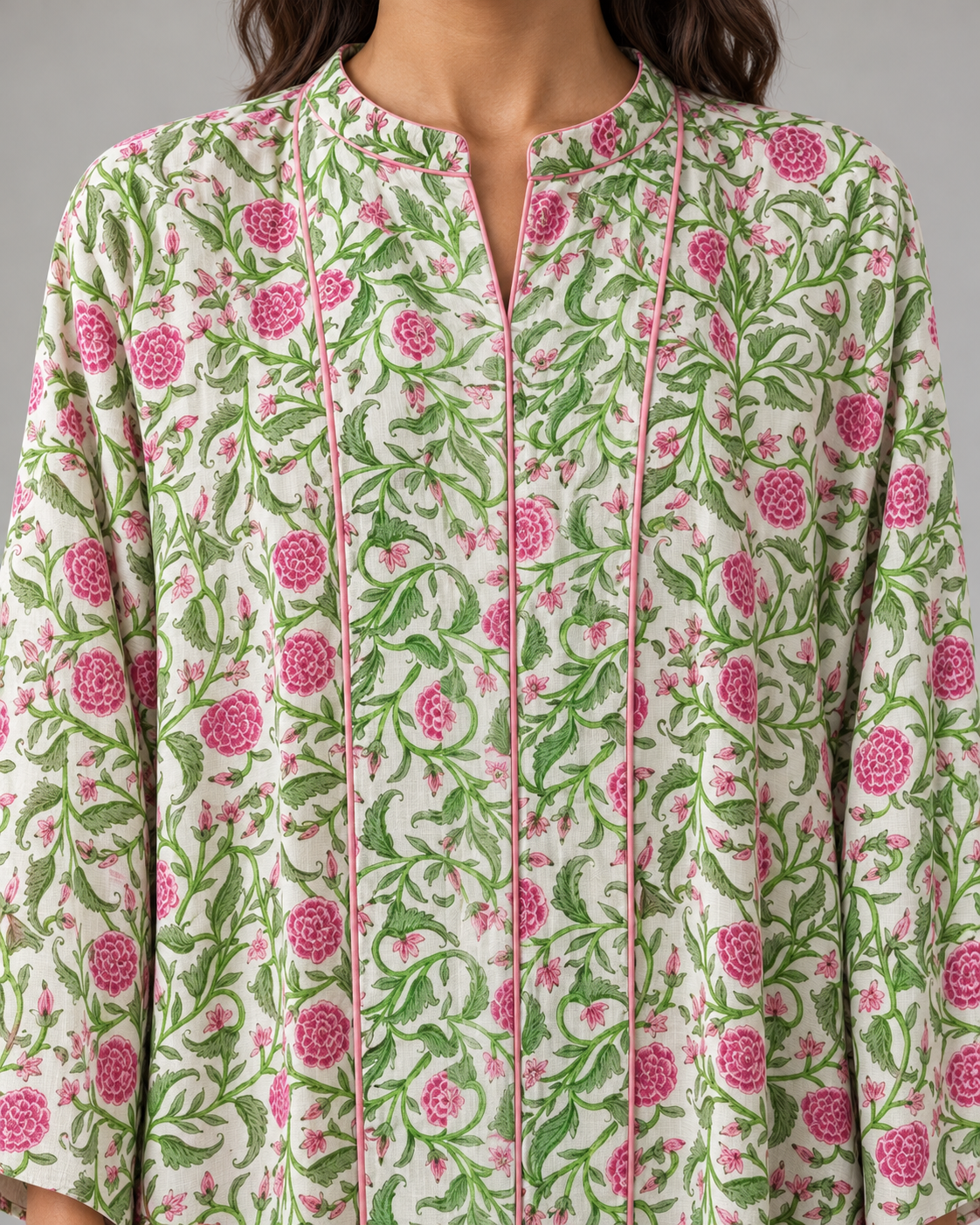 Ivory Floral Maxi Kaftan with Pink Striped Belt | ibBan