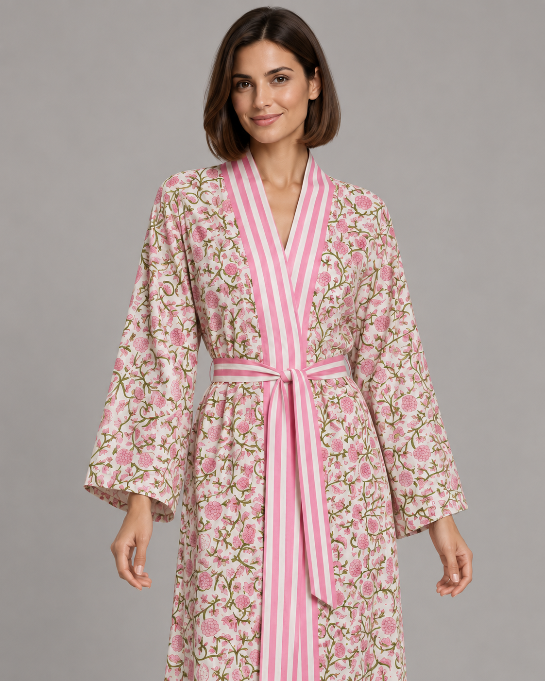 Ivory Floral Maxi Kaftan with Pink Striped Belt | ibBan