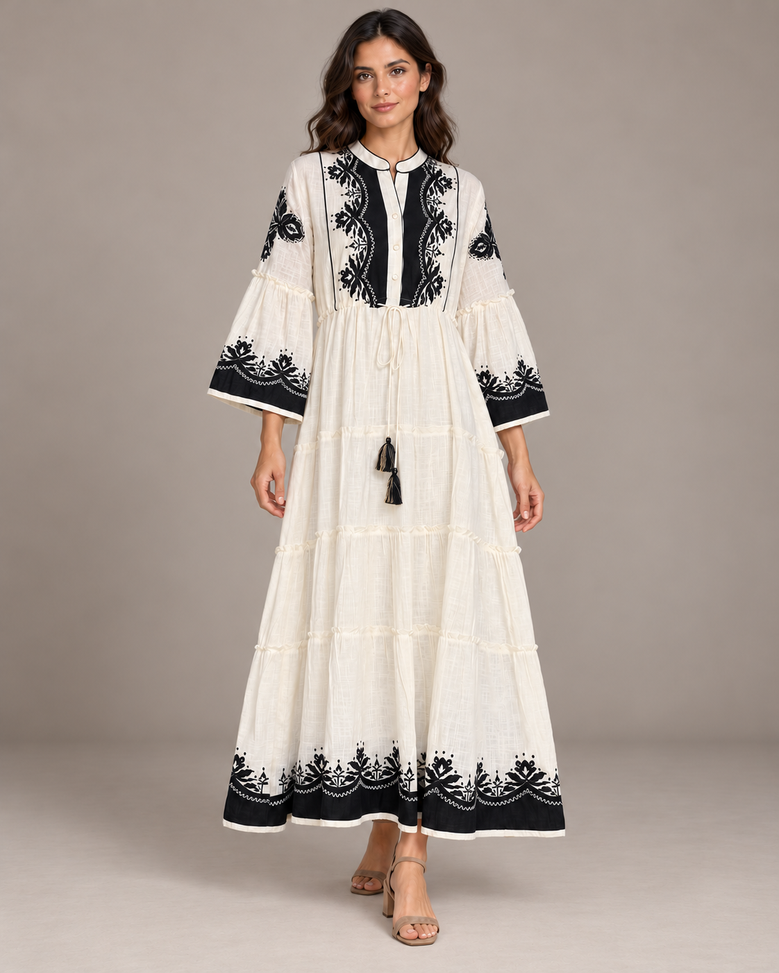 Anum Ivory Embroidered Long Tunic with Bell Sleeves | ibBan