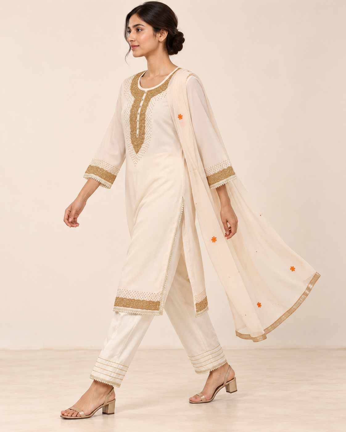 Kalyani Ivory Embellished Suit with Floral Dupatta | ibBan