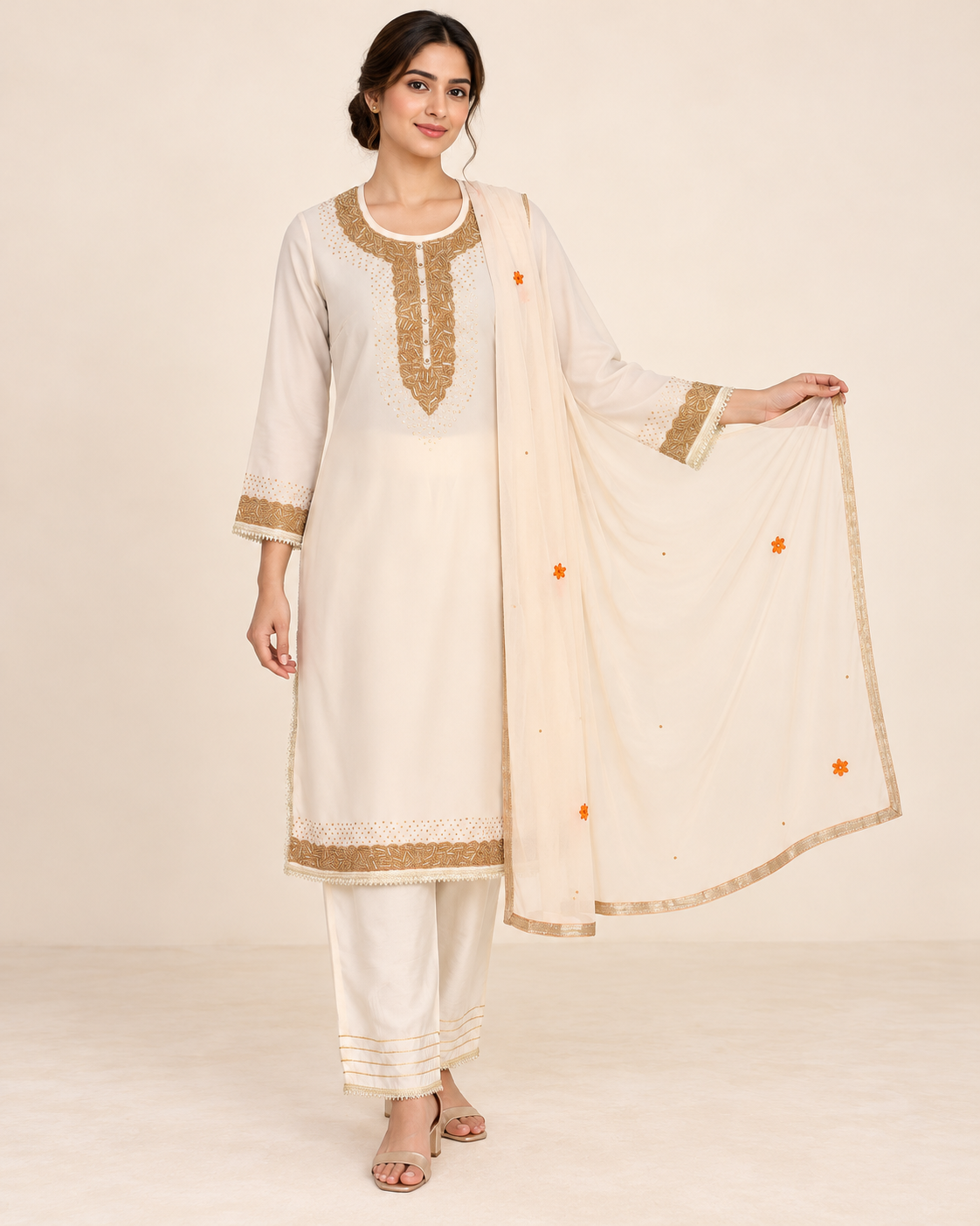 Kalyani Ivory Embellished Suit with Floral Dupatta | ibBan