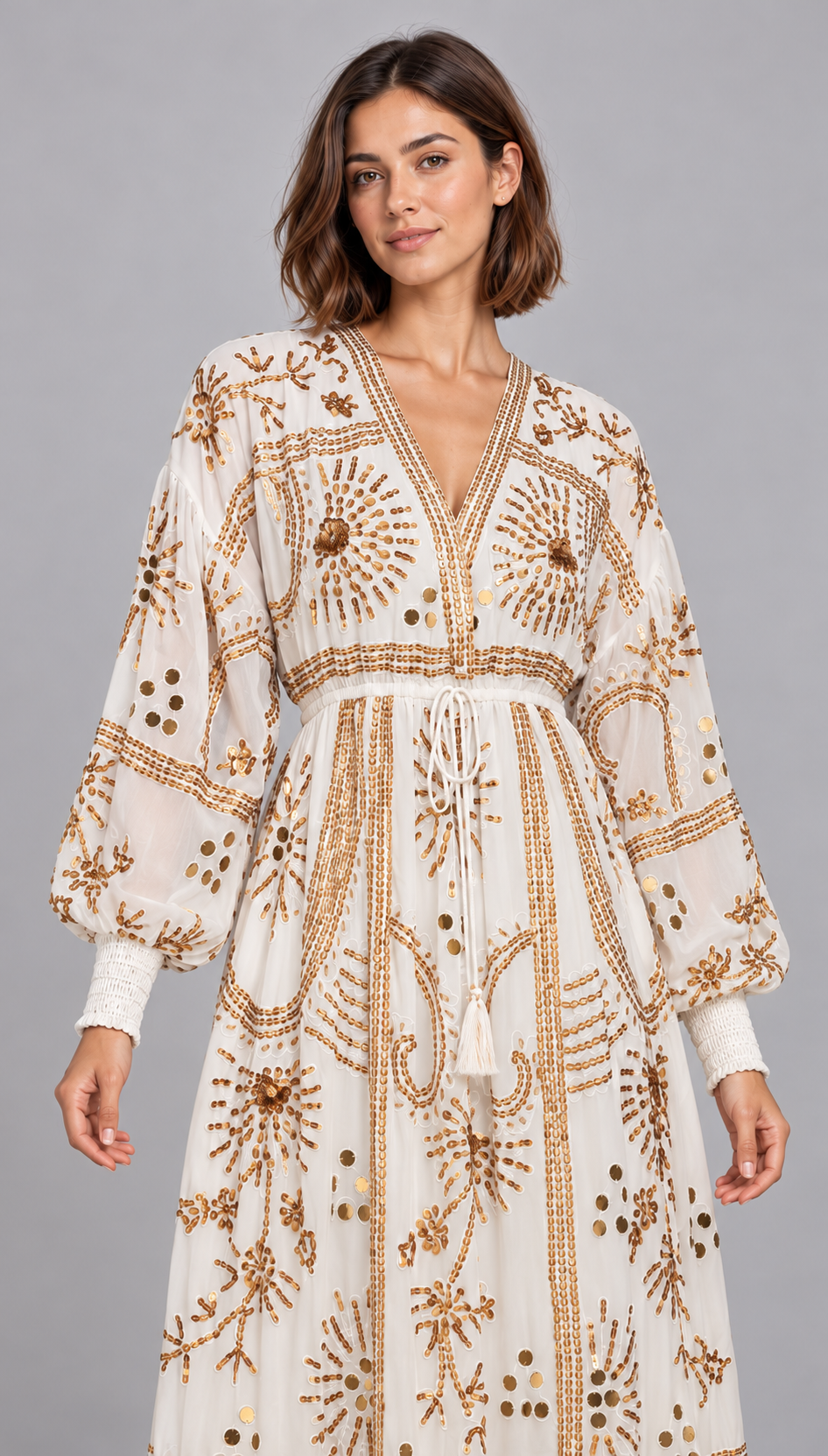Yara Long Dress in Dusty Rose with Gold Embellishments | ibBan