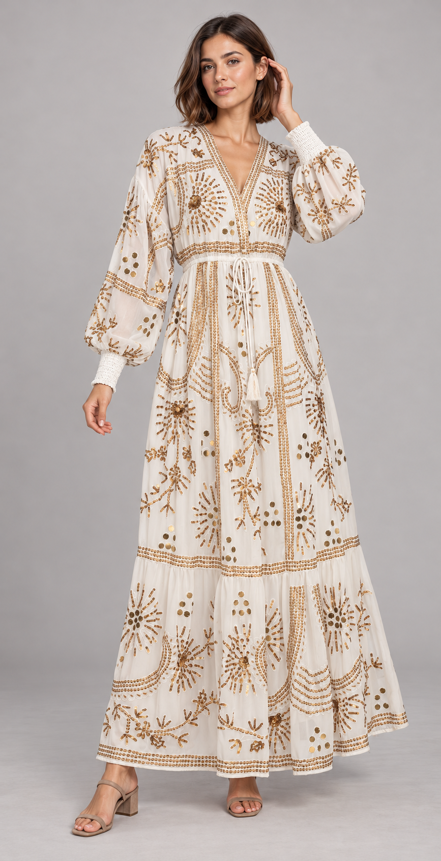 Yara Long Dress in Dusty Rose with Gold Embellishments | ibBan