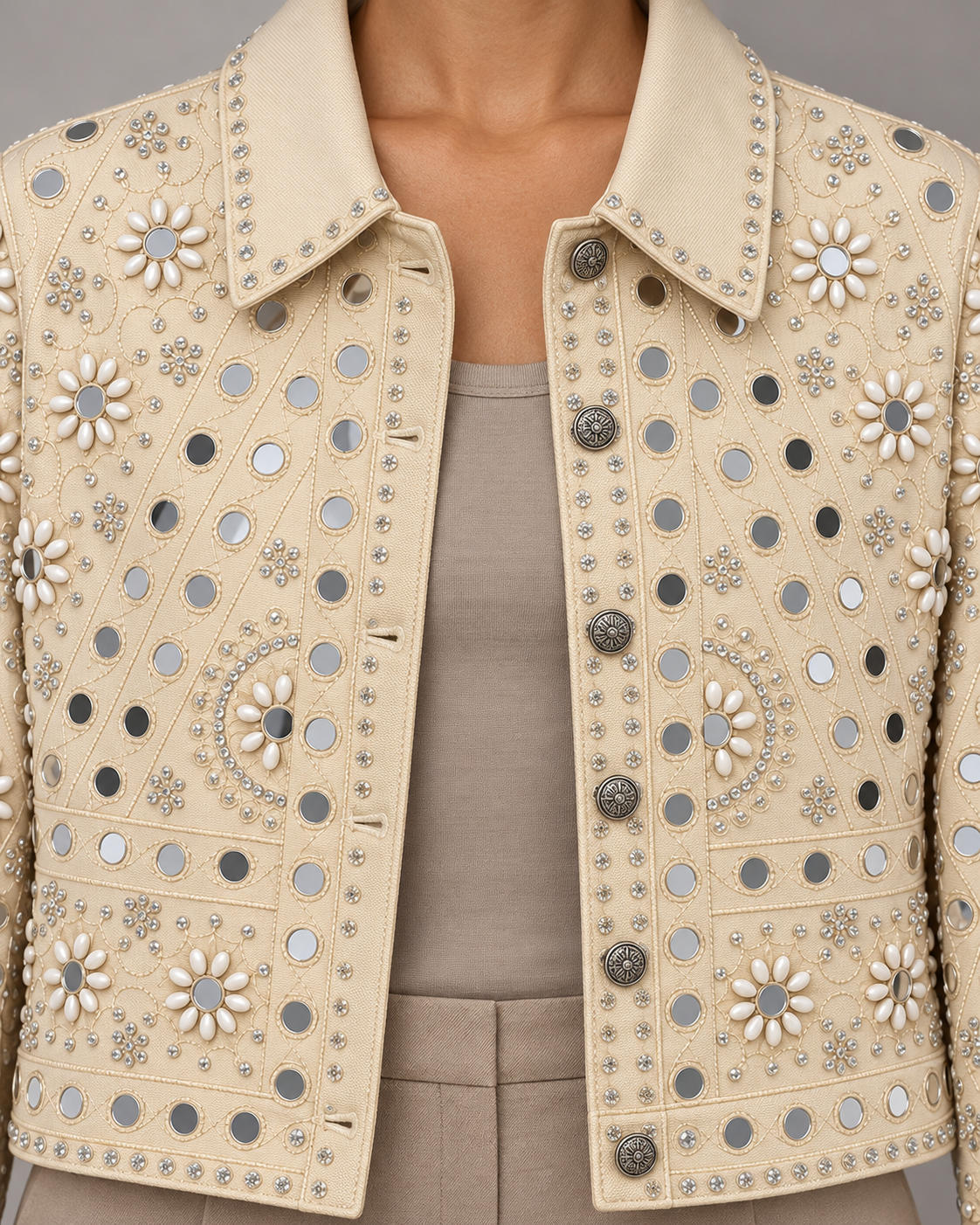 Aaina Ivory Mirrorwork Jacket with Floral Embroidery | ibBan