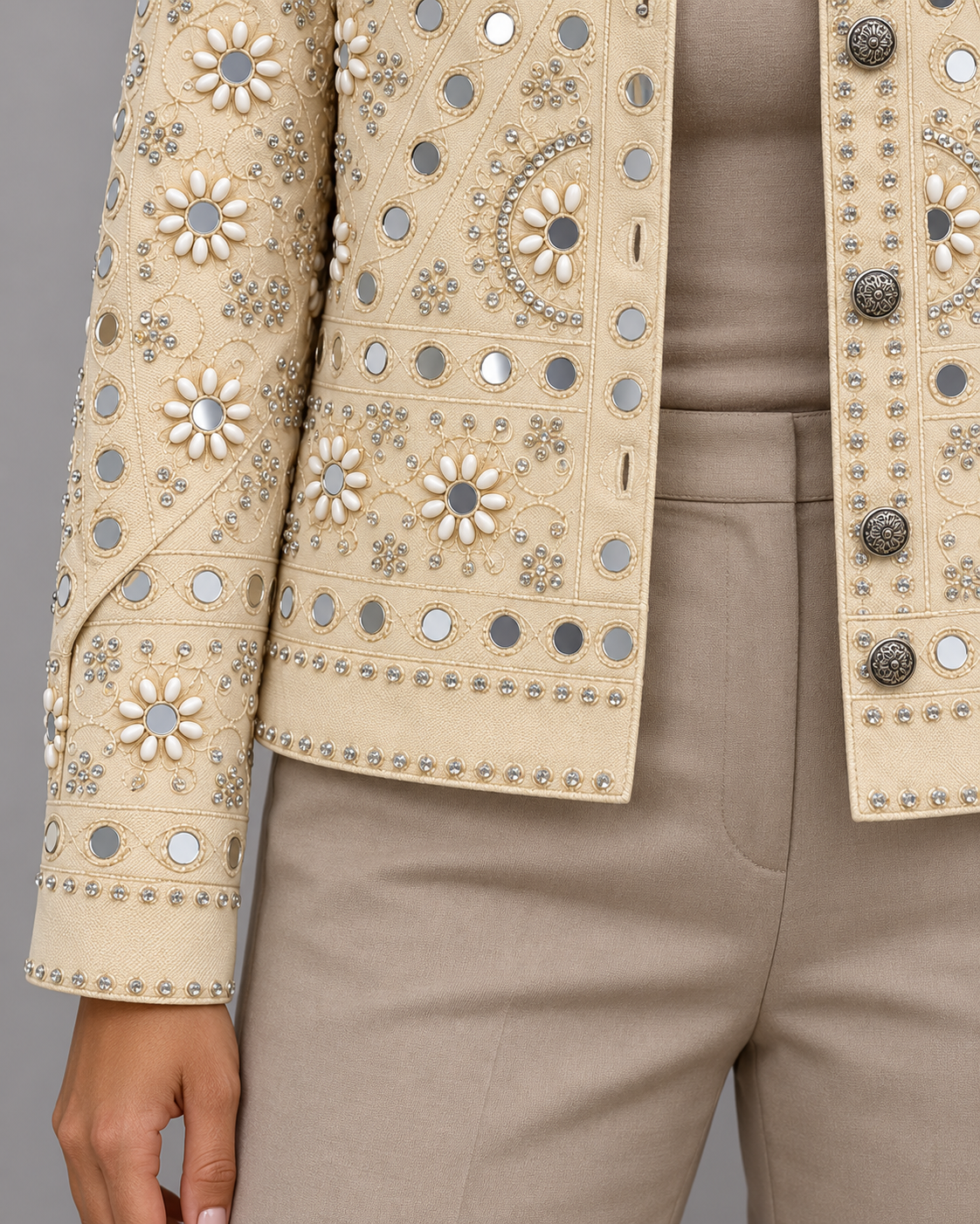 Aaina Ivory Mirrorwork Jacket with Floral Embroidery | ibBan