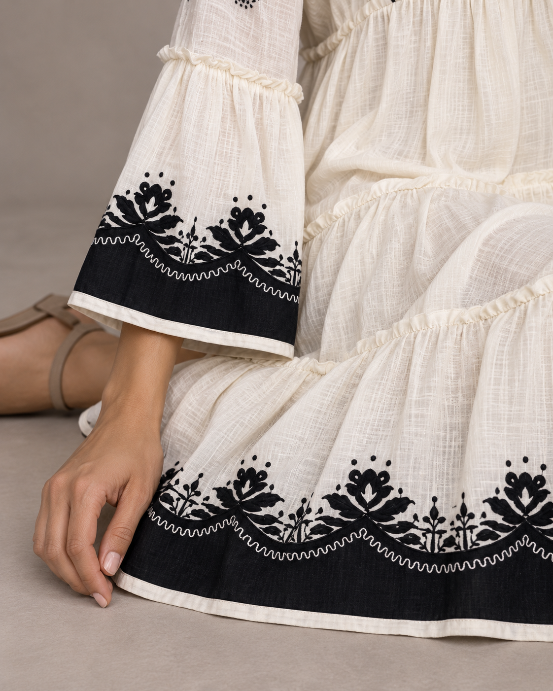 Anum Ivory Embroidered Long Tunic with Bell Sleeves | ibBan – ibban.in