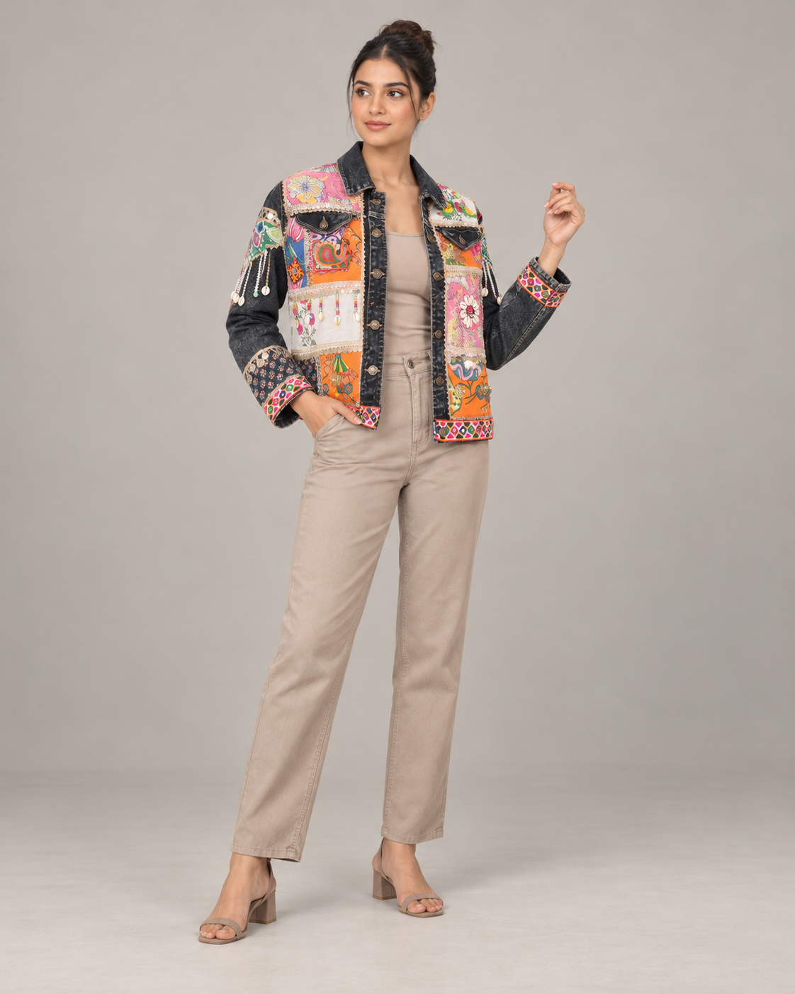 Rangtara Black Denim Patchwork Jacket with Mirrorwork | ibBan