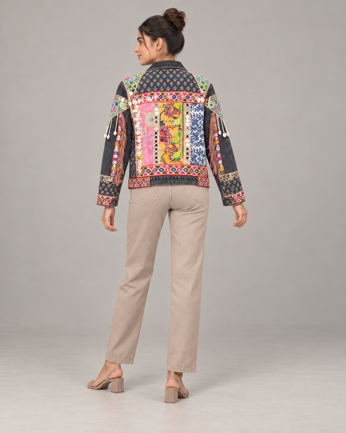 Rangtara Black Denim Patchwork Jacket with Mirrorwork | ibBan