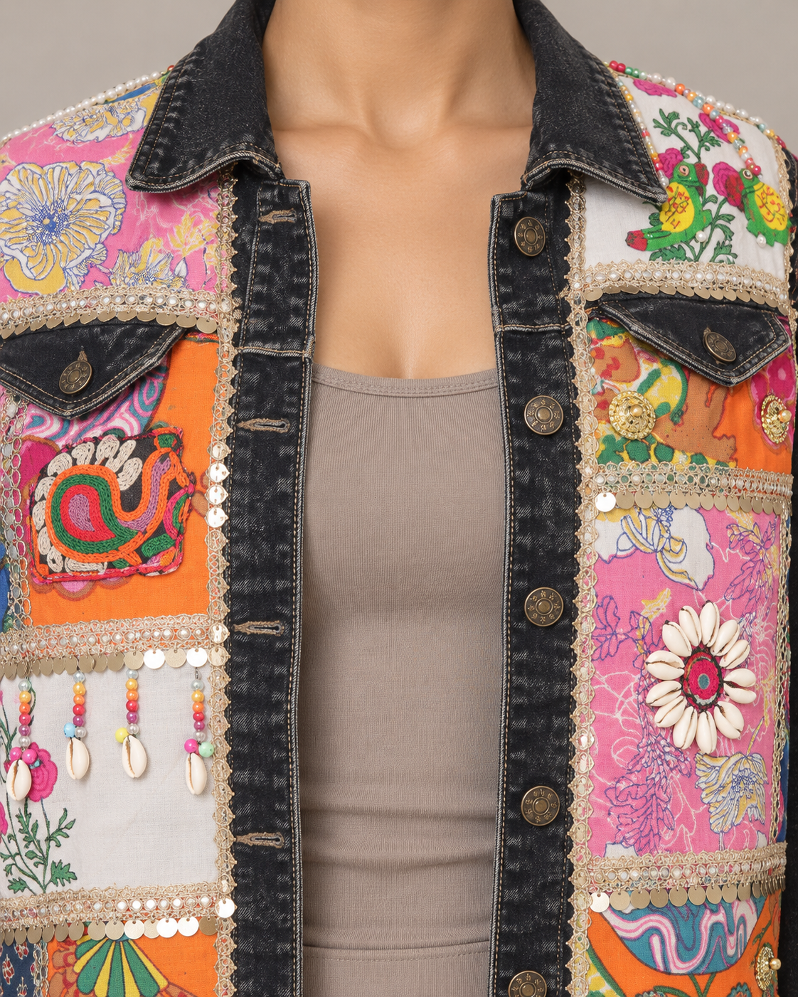 Rangtara Black Denim Patchwork Jacket with Mirrorwork | ibBan