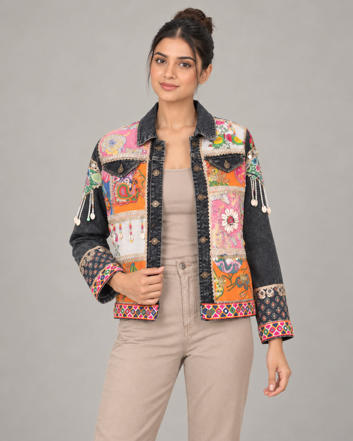 Rangtara Black Denim Patchwork Jacket with Mirrorwork | ibBan