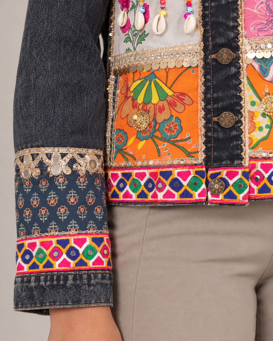 Rangtara Black Denim Patchwork Jacket with Mirrorwork | ibBan