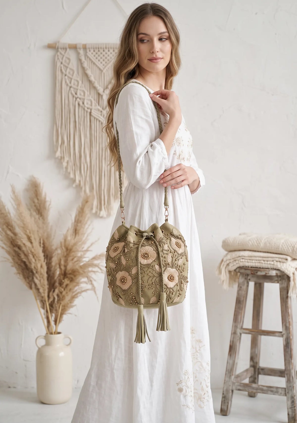 ibBan Hand-Embroidered Khaki Potli Bag - Johri