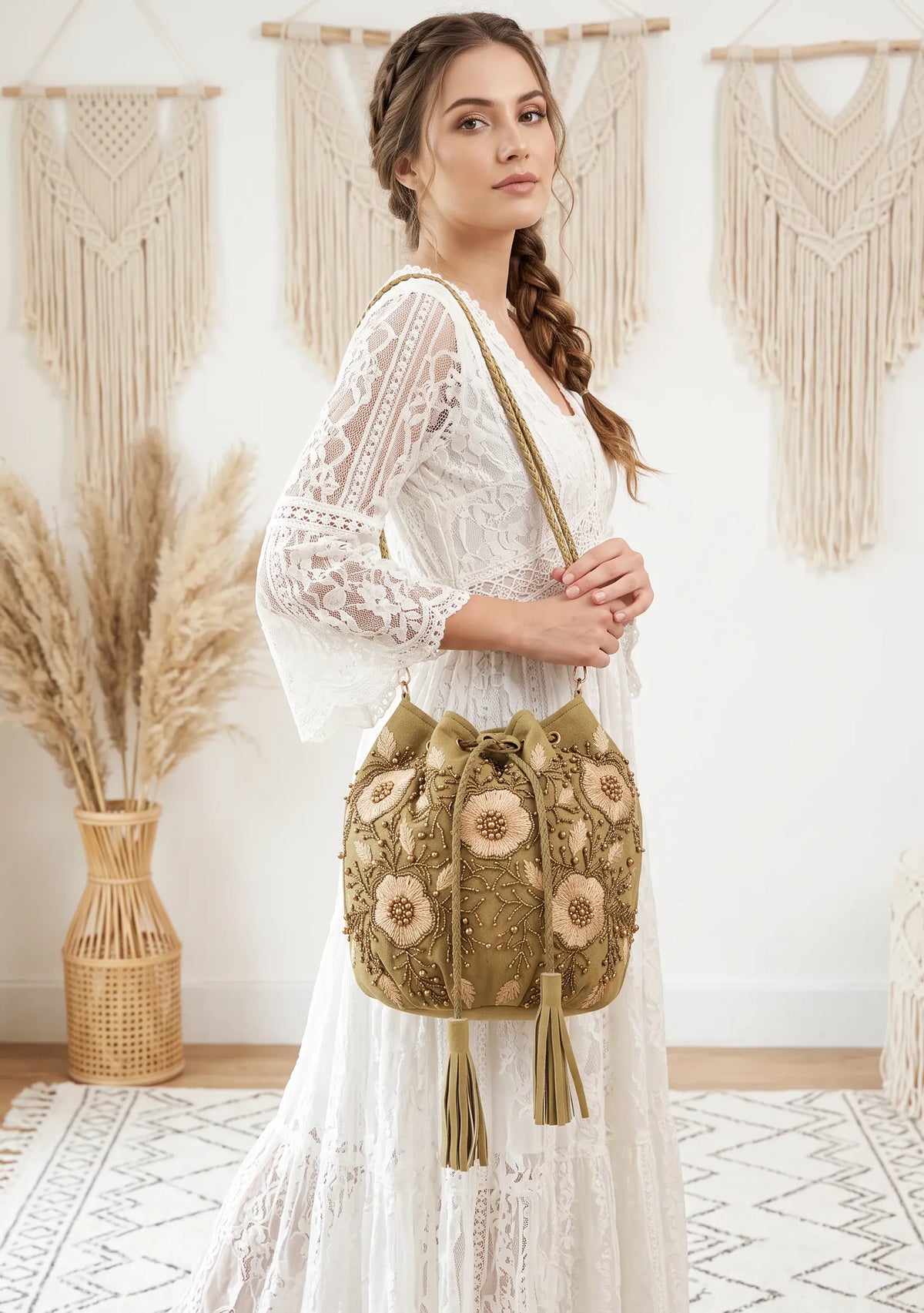 ibBan Hand-Embroidered Canvas Potli Bag with Beadwork - Johri