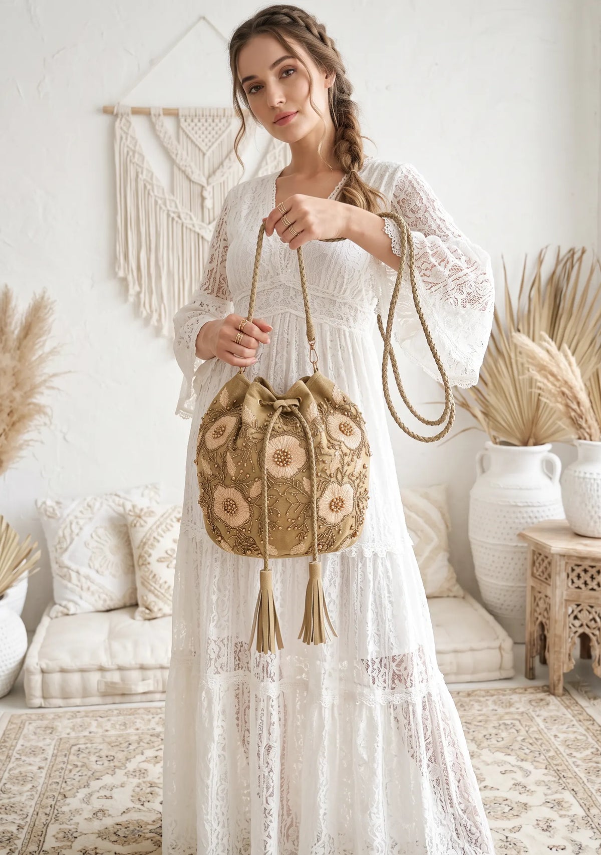 ibBan Hand-Embroidered Khaki Potli Bag - Johri