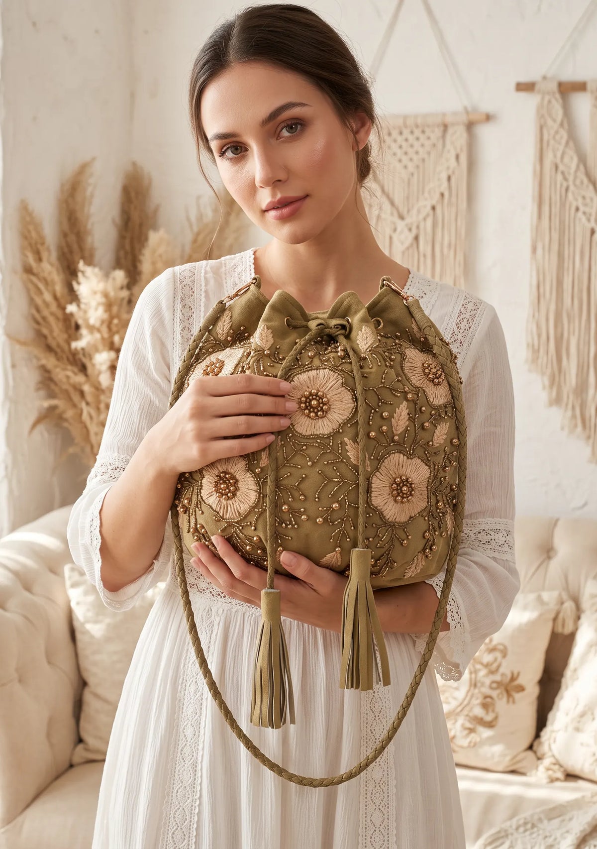 ibBan Hand-Embroidered Khaki Potli Bag - Johri