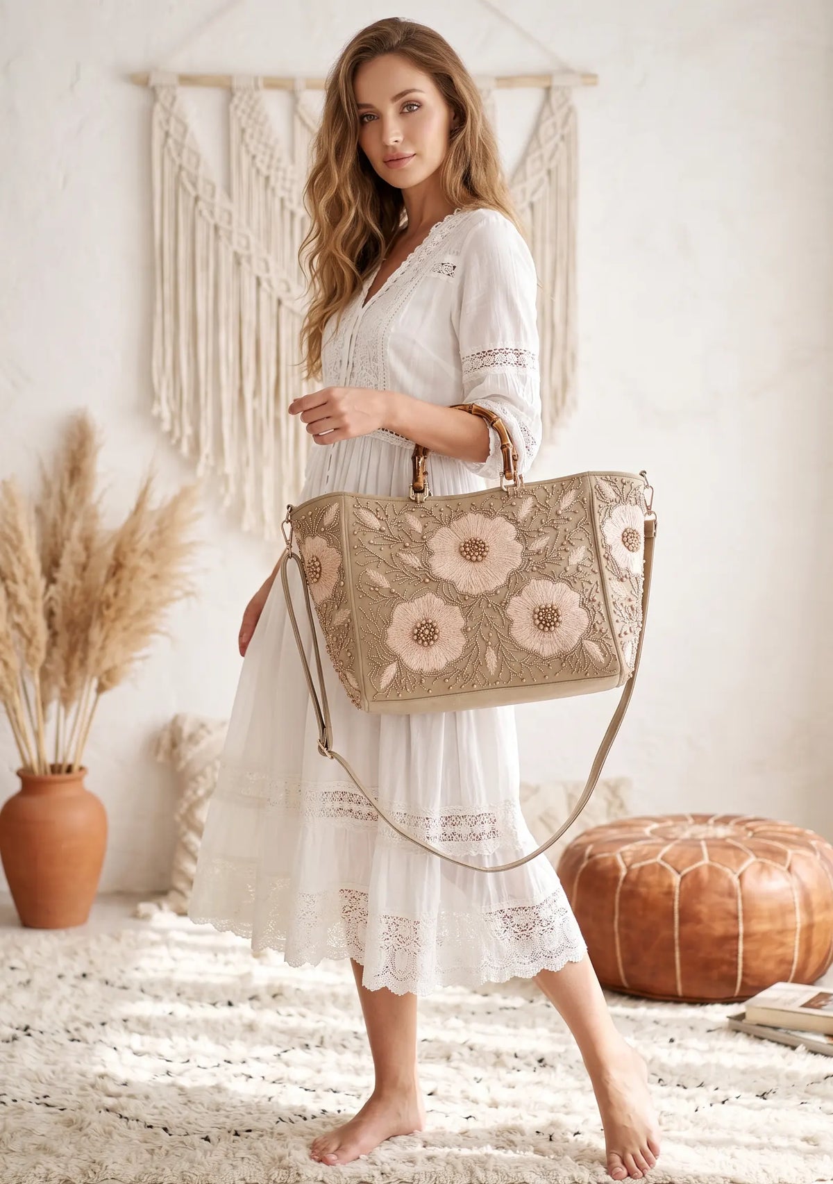 ibBan Hand-Embroidered Canvas Johri Cabas with Beadwork - Johri