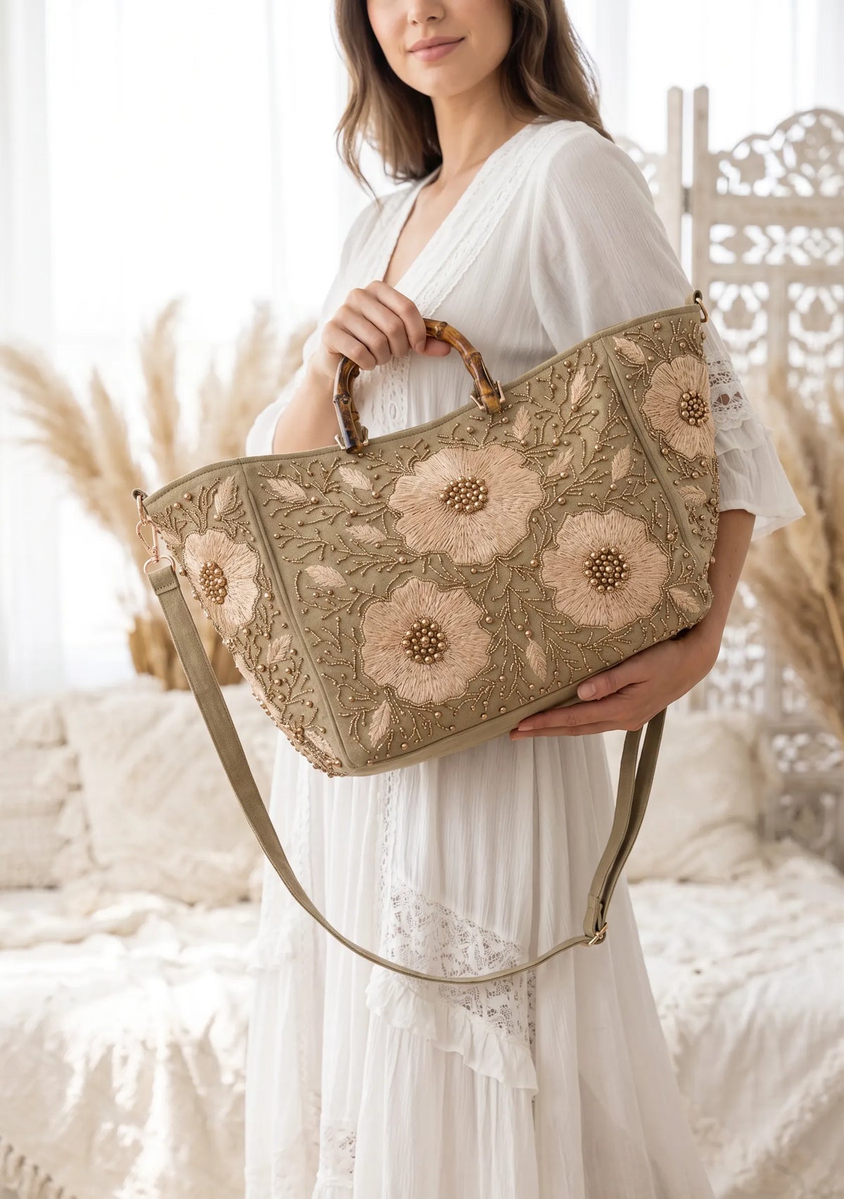 ibBan Hand-Embroidered Canvas Johri Cabas with Beadwork - Johri