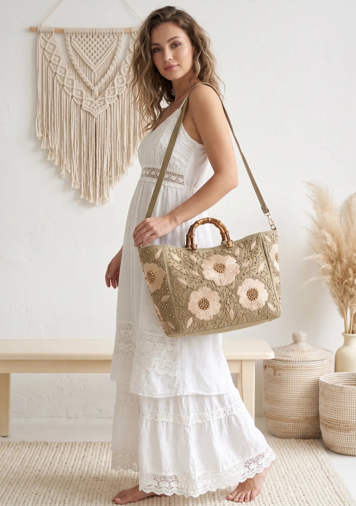 ibBan Hand-Embroidered Canvas Johri Cabas with Beadwork - Johri