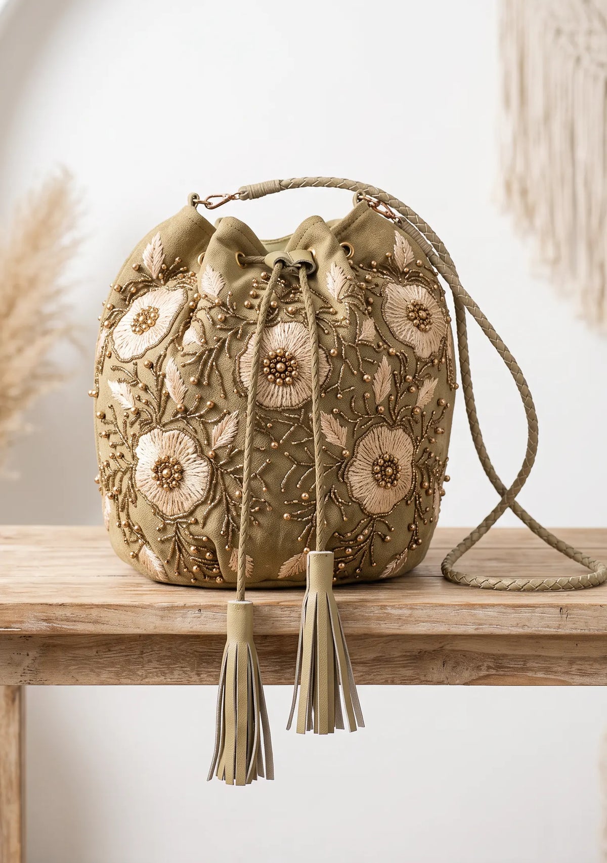 ibBan Hand-Embroidered Khaki Potli Bag - Johri