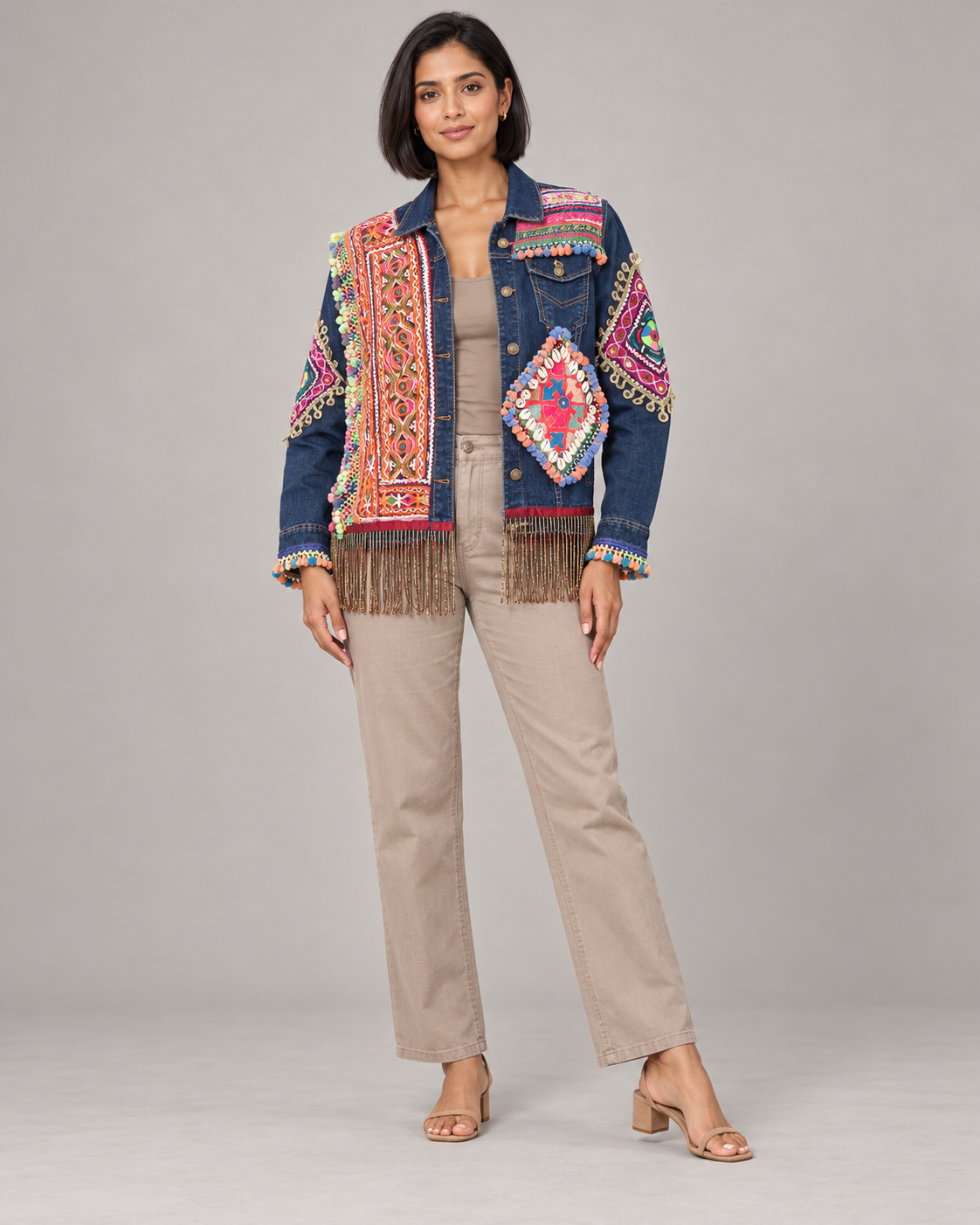 Jashn Blue Embroidered Denim Jacket with Fringe | ibBan