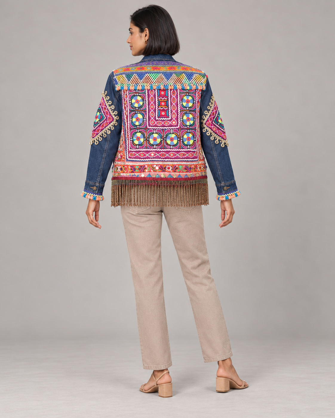 Jashn Blue Embroidered Denim Jacket with Fringe | ibBan