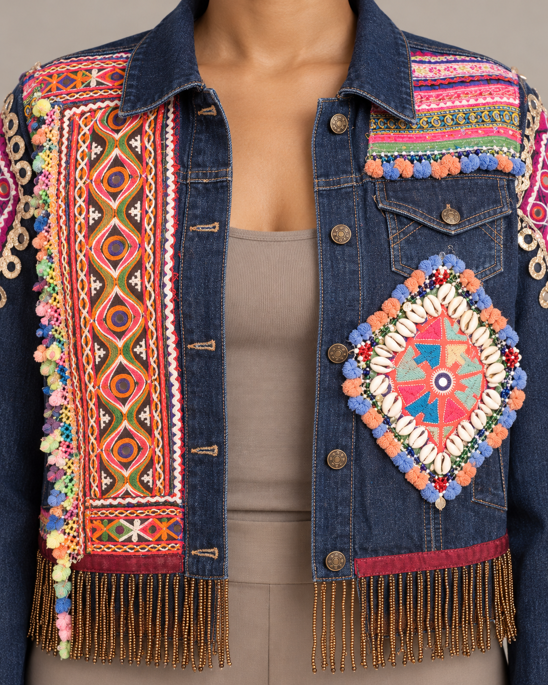 Jashn Blue Embroidered Denim Jacket with Fringe | ibBan