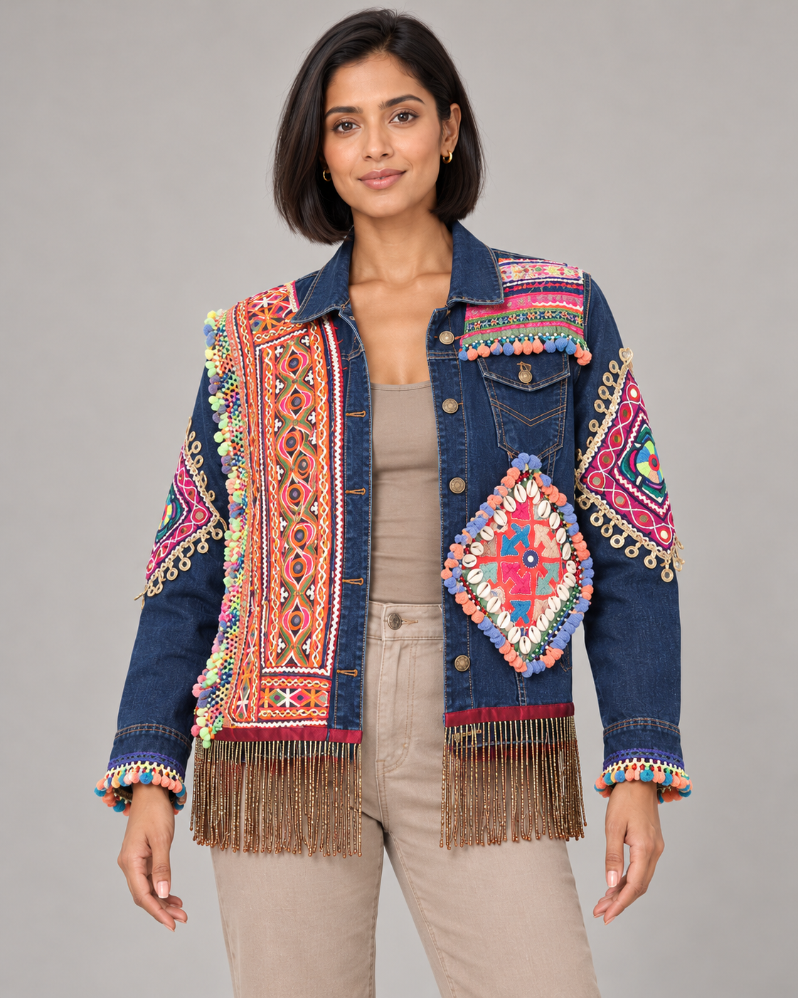 Jashn Blue Embroidered Denim Jacket with Fringe | ibBan
