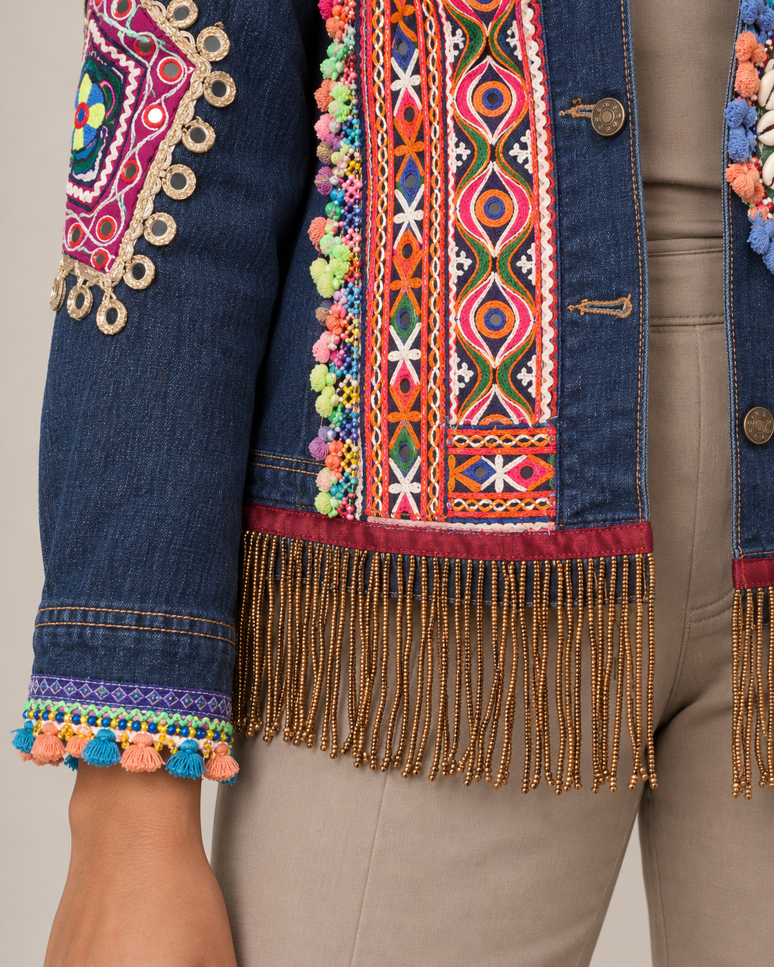 Jashn Blue Embroidered Denim Jacket with Fringe | ibBan