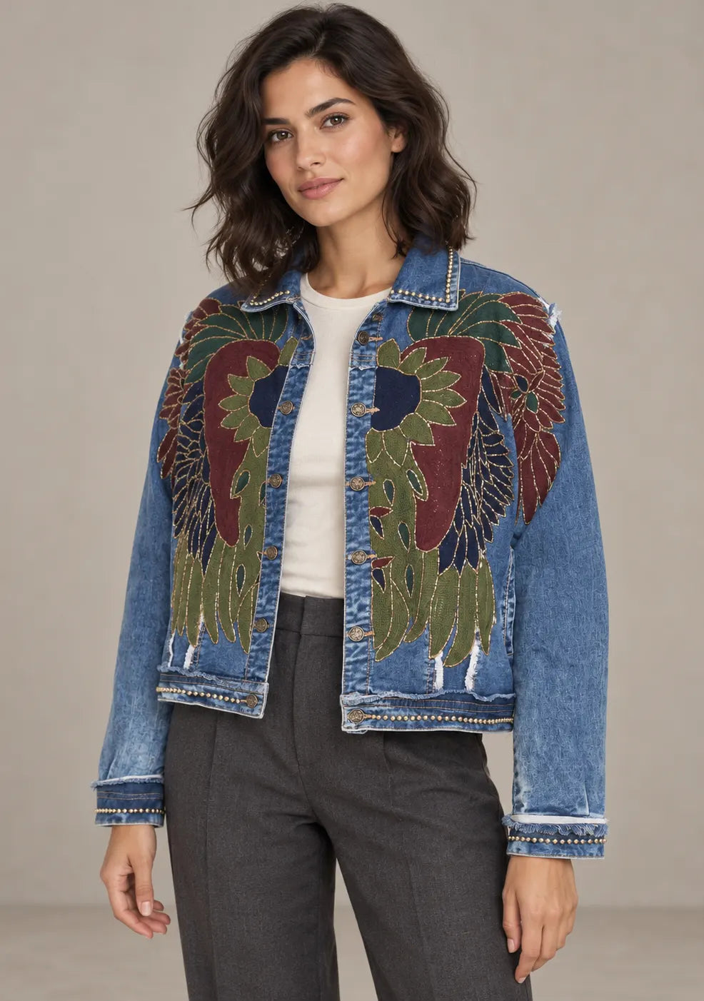 Women’s Cotton Denim Jacket with Hand-Embroidered - Fizro