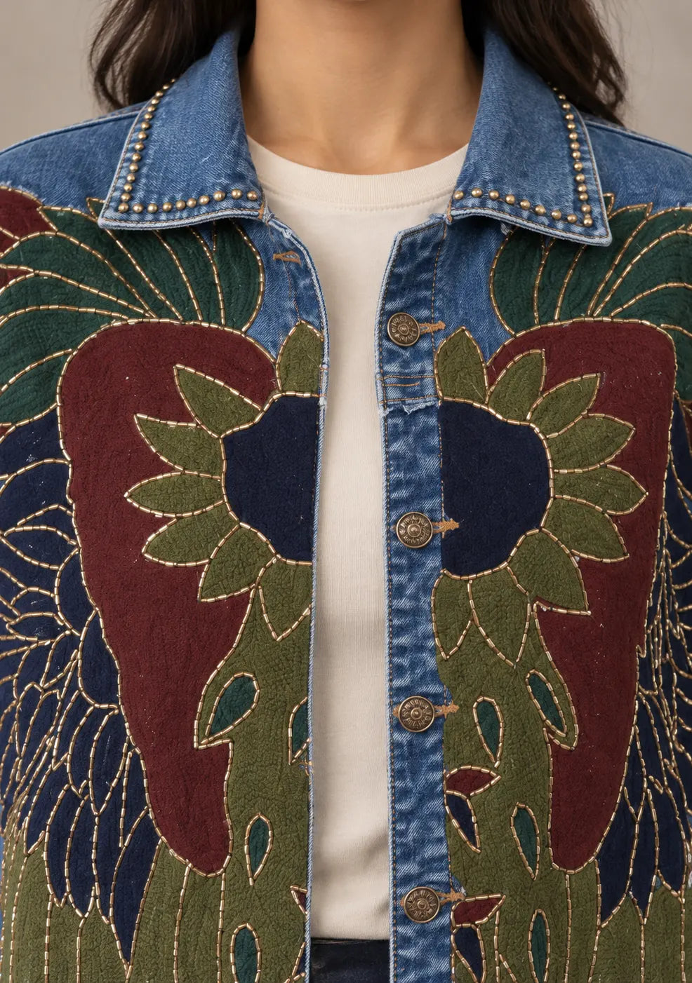 Women’s Cotton Denim Jacket with Hand-Embroidered - Fizro