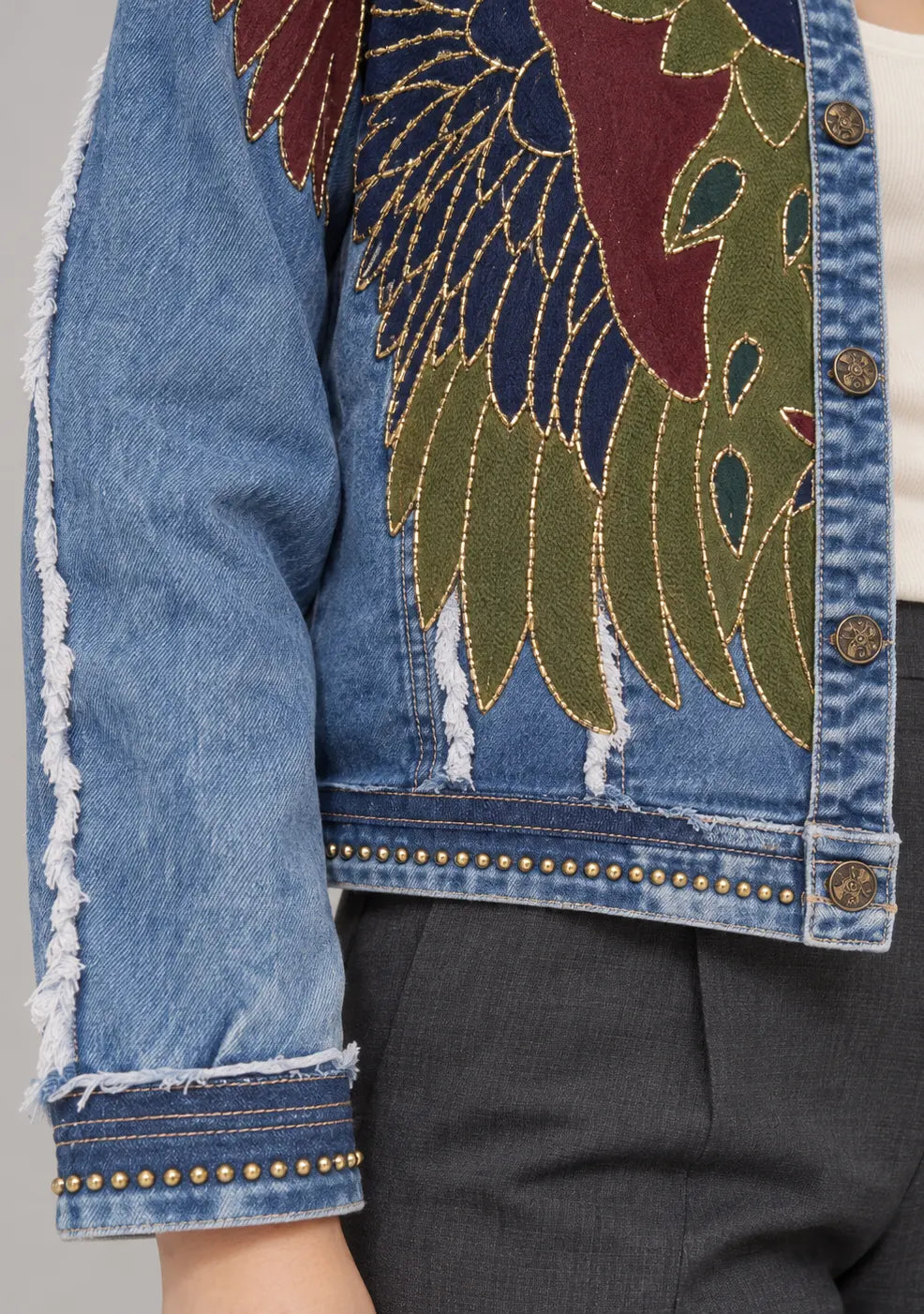 Women’s Cotton Denim Jacket with Hand-Embroidered - Fizro