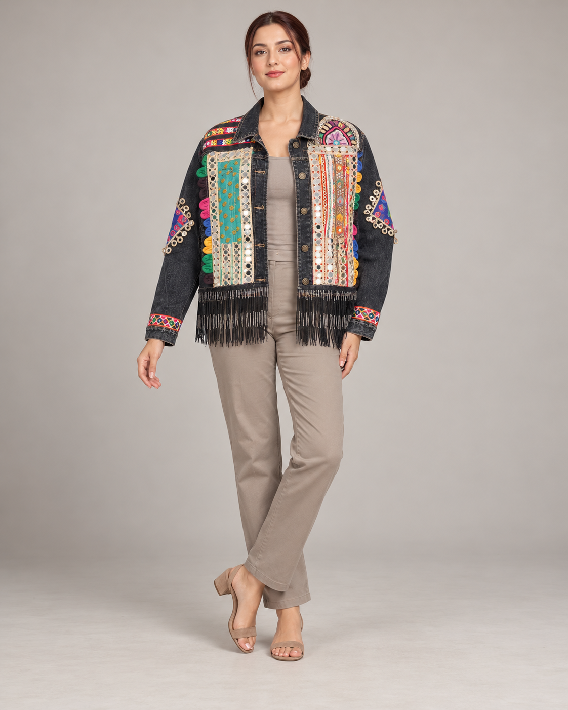 Jhilmil Black Denim Jacket with Mirrorwork & Beaded Fringe | ibBan