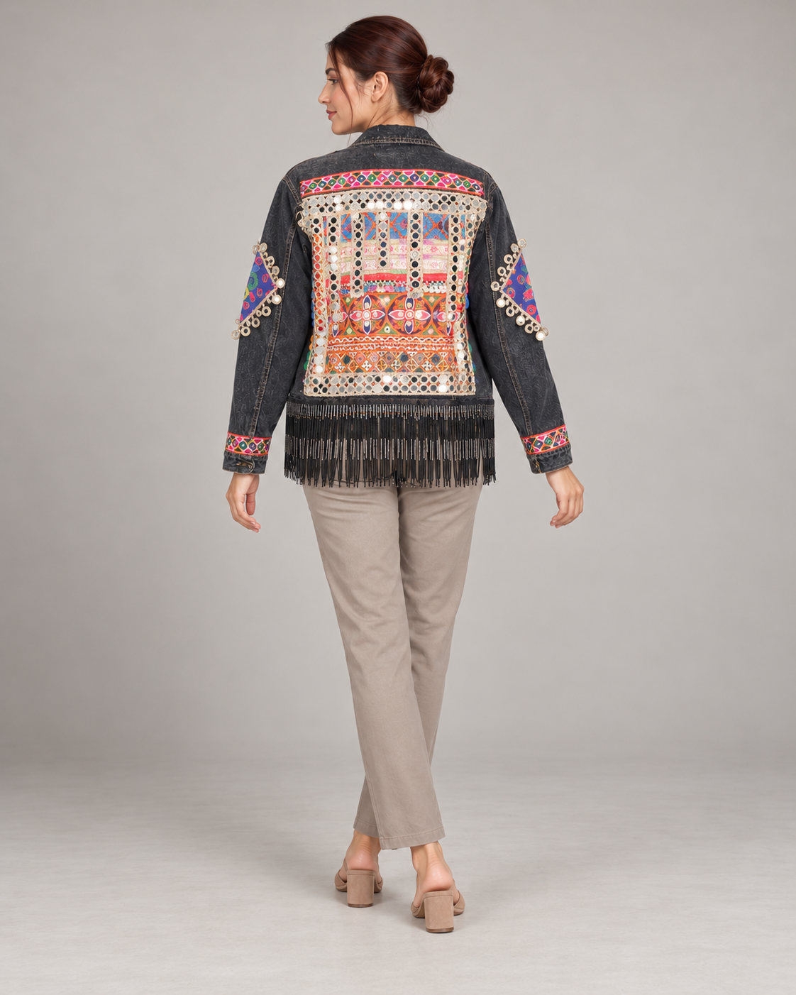 Jhilmil Black Denim Jacket with Mirrorwork & Beaded Fringe | ibBan