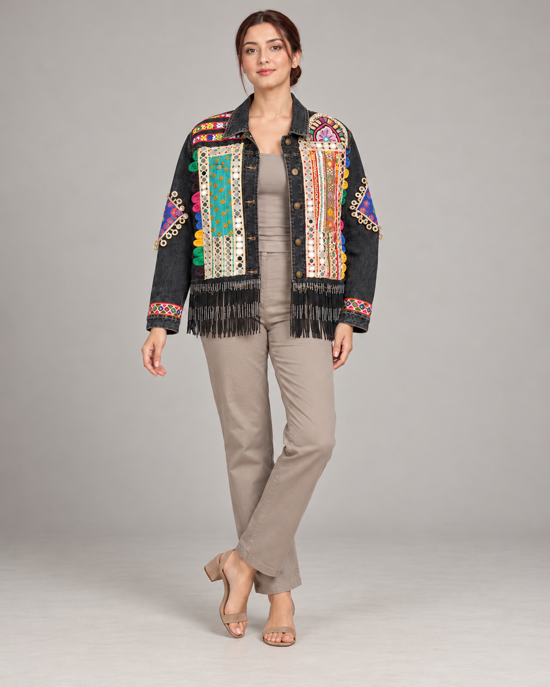 Jhilmil Black Denim Jacket with Mirrorwork & Beaded Fringe | ibBan