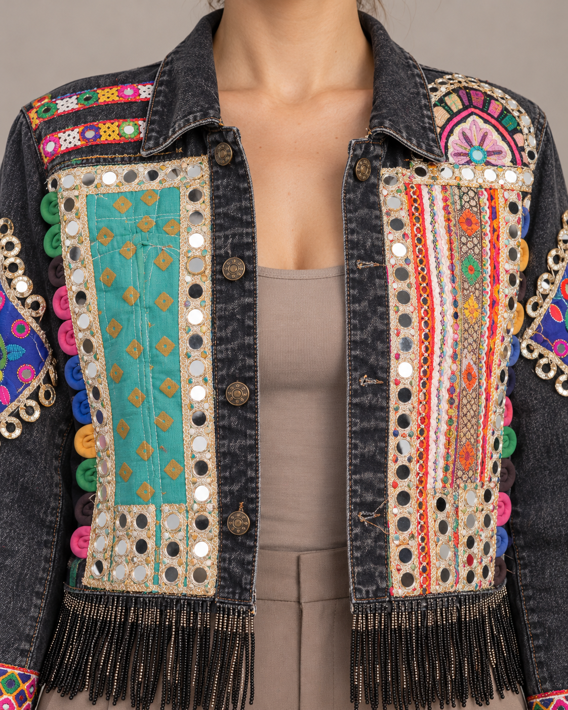 Jhilmil Black Denim Jacket with Mirrorwork & Beaded Fringe | ibBan