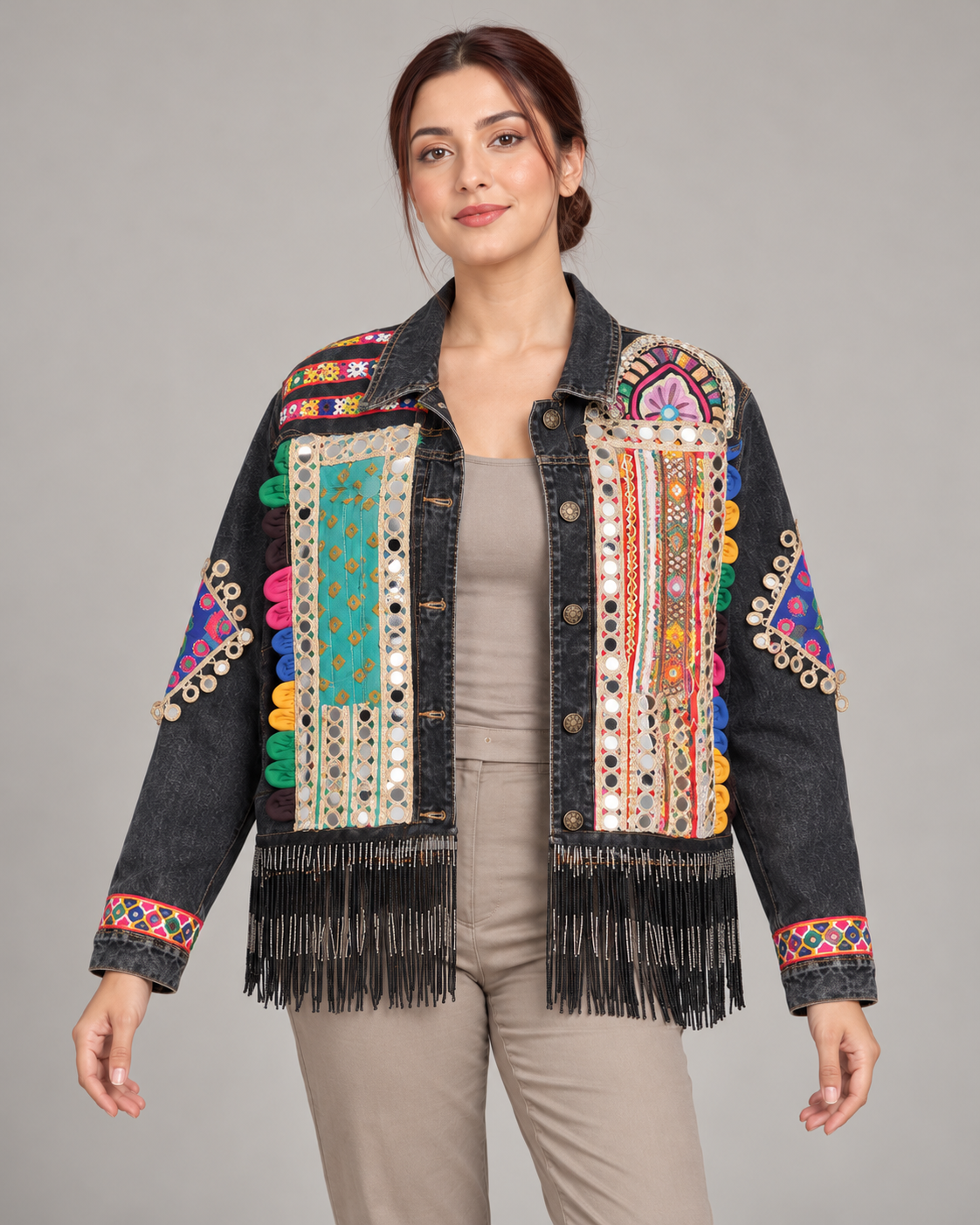 Jhilmil Black Denim Jacket with Mirrorwork & Beaded Fringe | ibBan