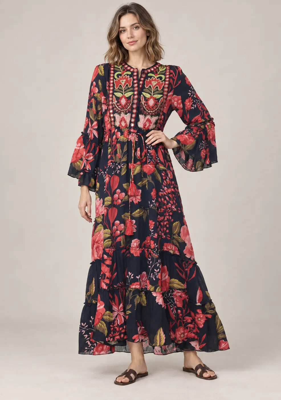 Black Floral Printed Cotton Long Tunic with Hand Embroidery - Almasa