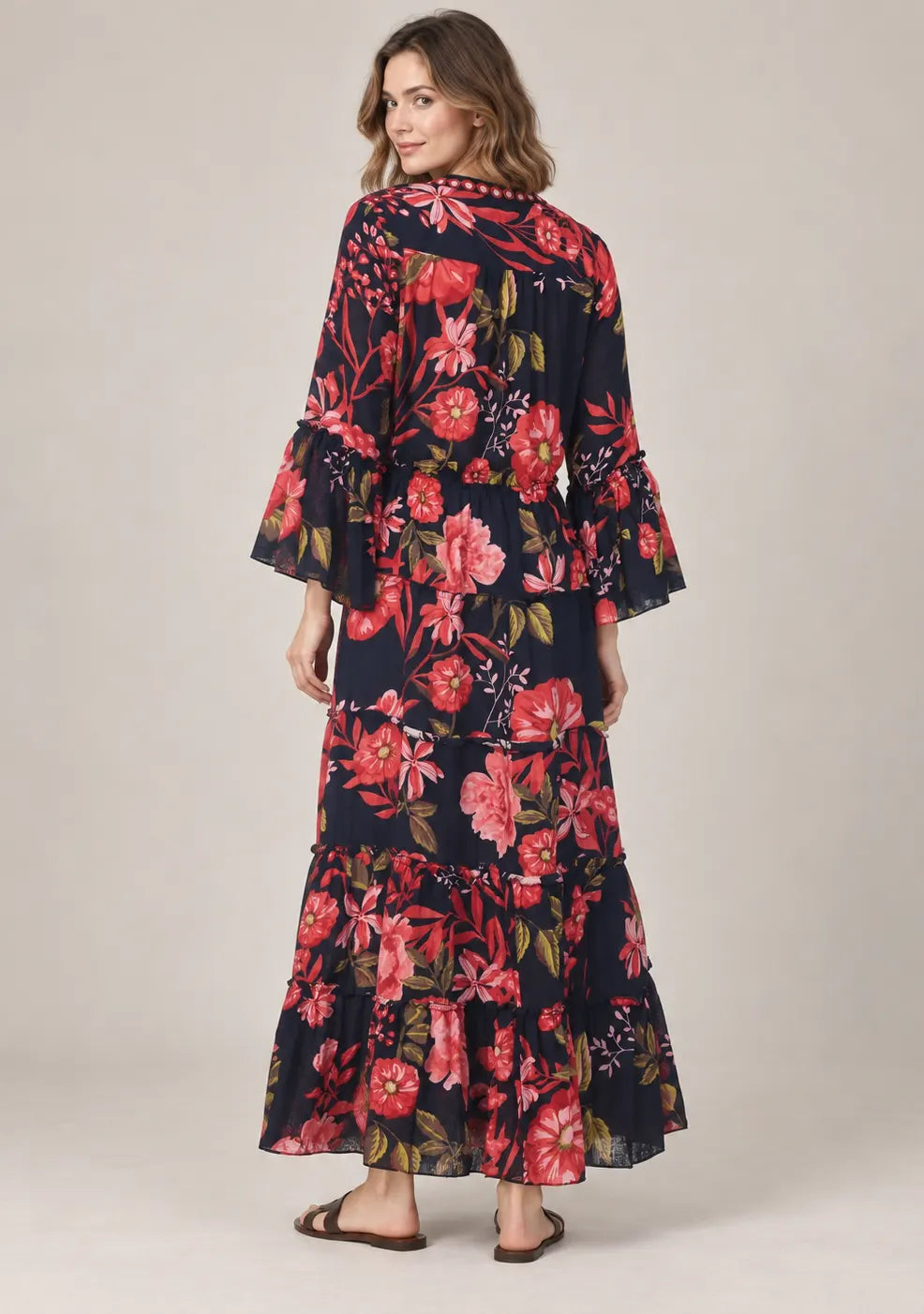 Black Floral Printed Cotton Long Tunic with Hand Embroidery - Almasa