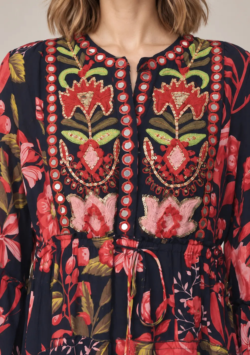 Black Floral Printed Cotton Long Tunic with Hand Embroidery - Almasa