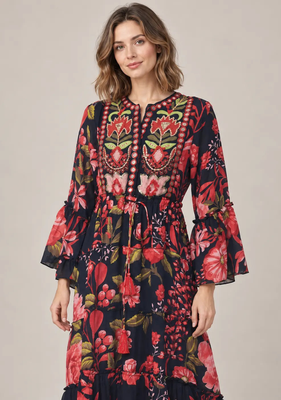 Black Floral Printed Cotton Long Tunic with Hand Embroidery - Almasa