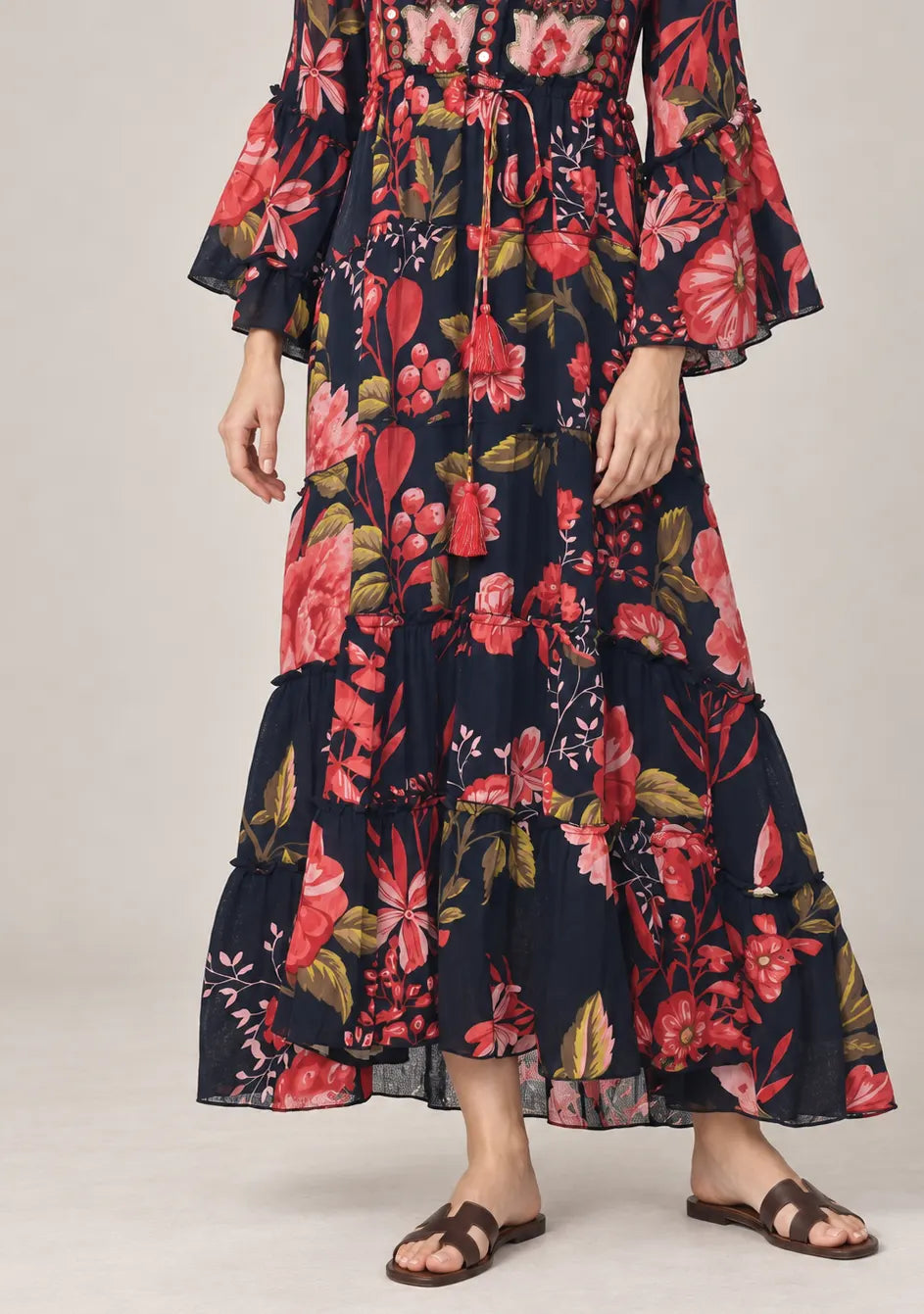 Black Floral Printed Cotton Long Tunic with Hand Embroidery - Almasa